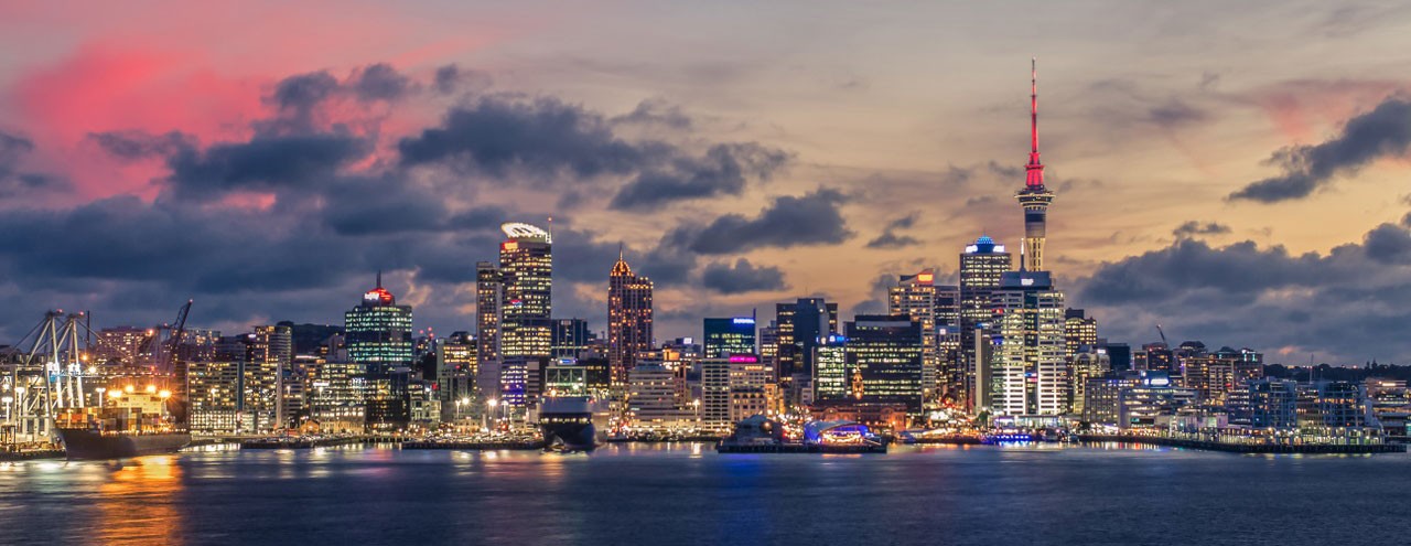 Auckland skyline at dusk.